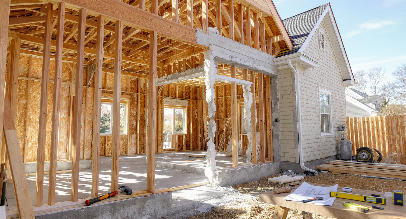 A realistic daylight view of a partially built home addition connected to a house, showcasing framing, tools, blueprints, and construction materials.