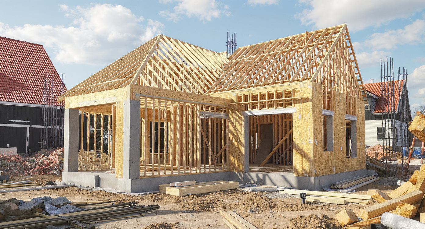 L-shaped home addition under construction, showing exposed foundation, complex framing, new rooflines, and staircase installation under daylight.