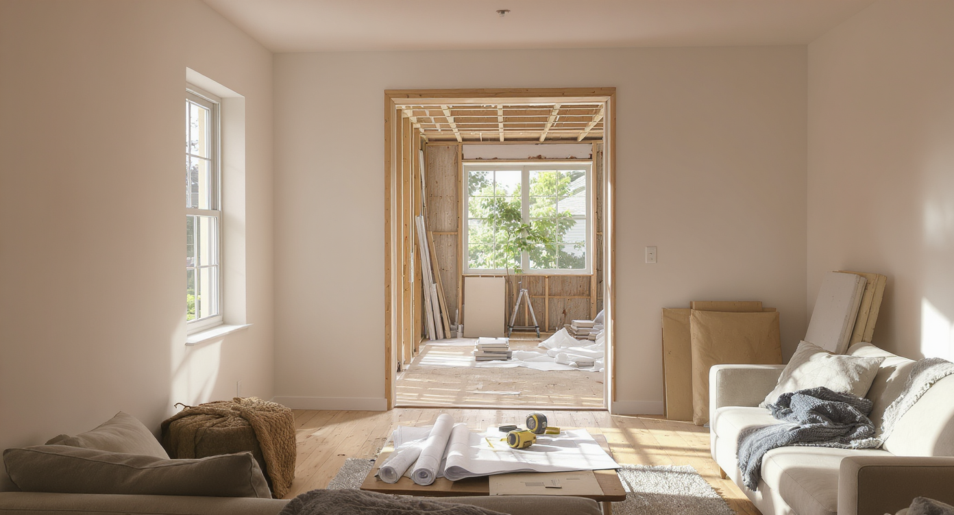 A realistic living room merges into an unfinished expansion area with exposed framing, blueprints, and tools, visualizing early home addition planning.