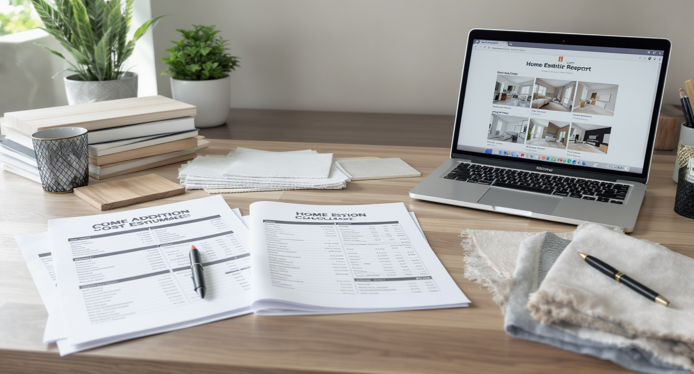 Photorealistic scene of a home office desk with home addition cost estimates, material samples, floor plans, market reports, and an open laptop displaying cost research tools, with no people visible.