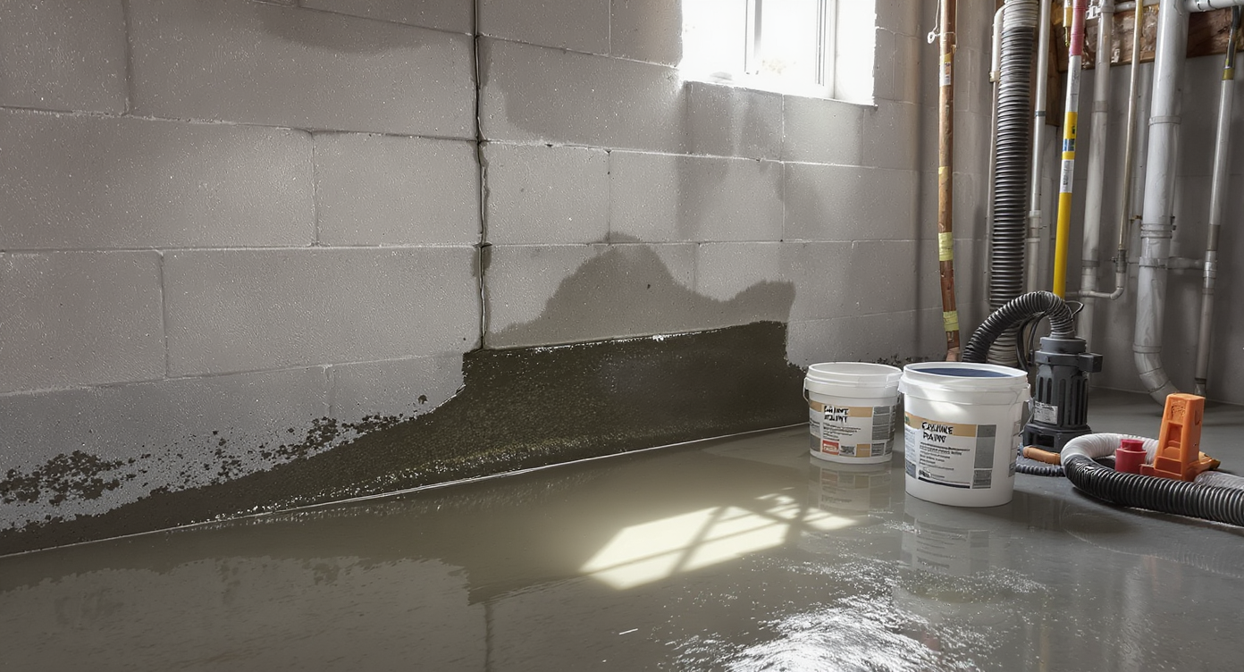 Close-up of a modern basement with a damp wall, small puddle, and waterproofing tools prepared on a clean floor, all in realistic lighting.