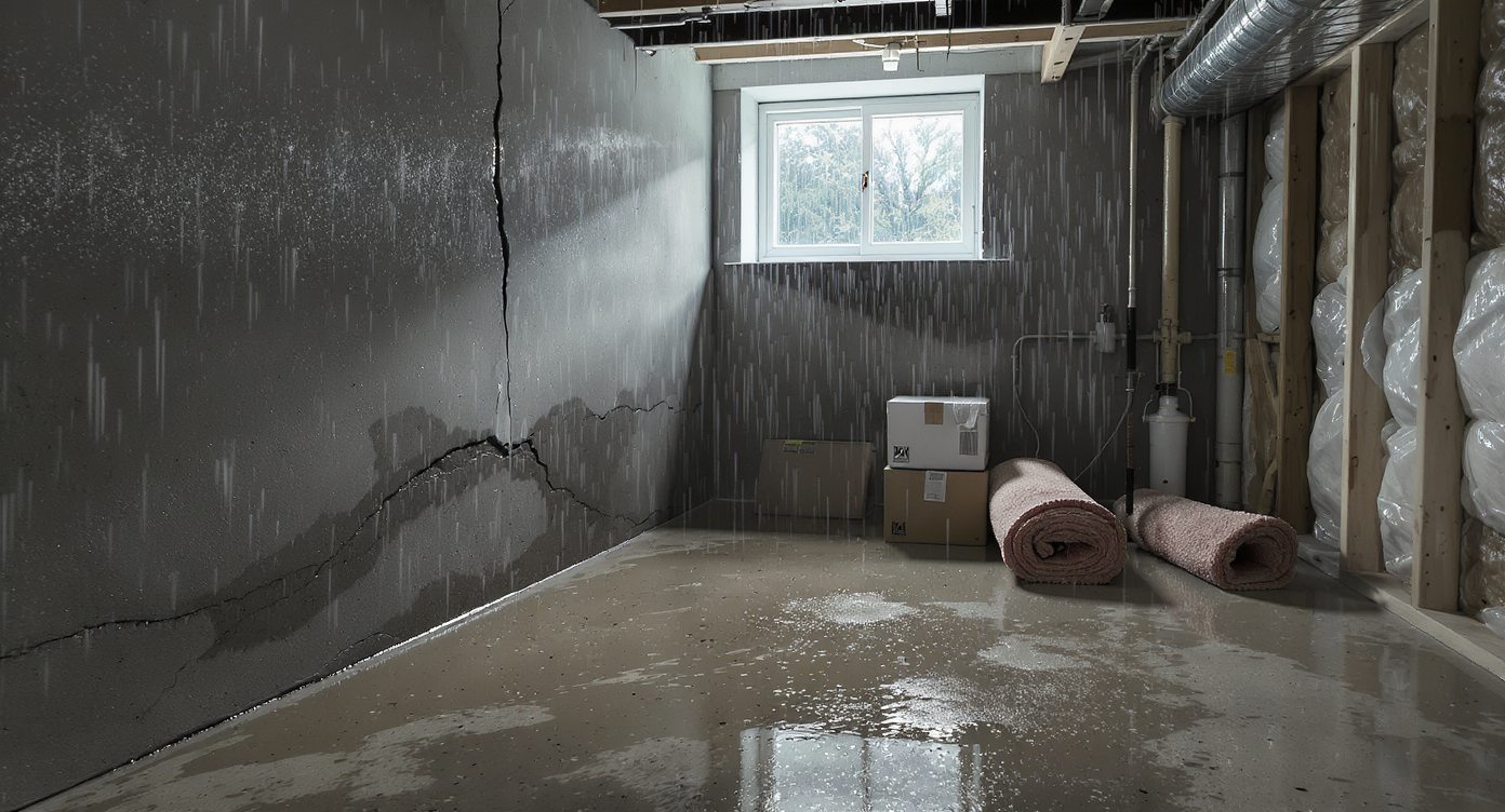 Realistic basement scene with water seeping through a wall crack onto concrete floor, near storage boxes and renovation materials under a rain-streaked window.