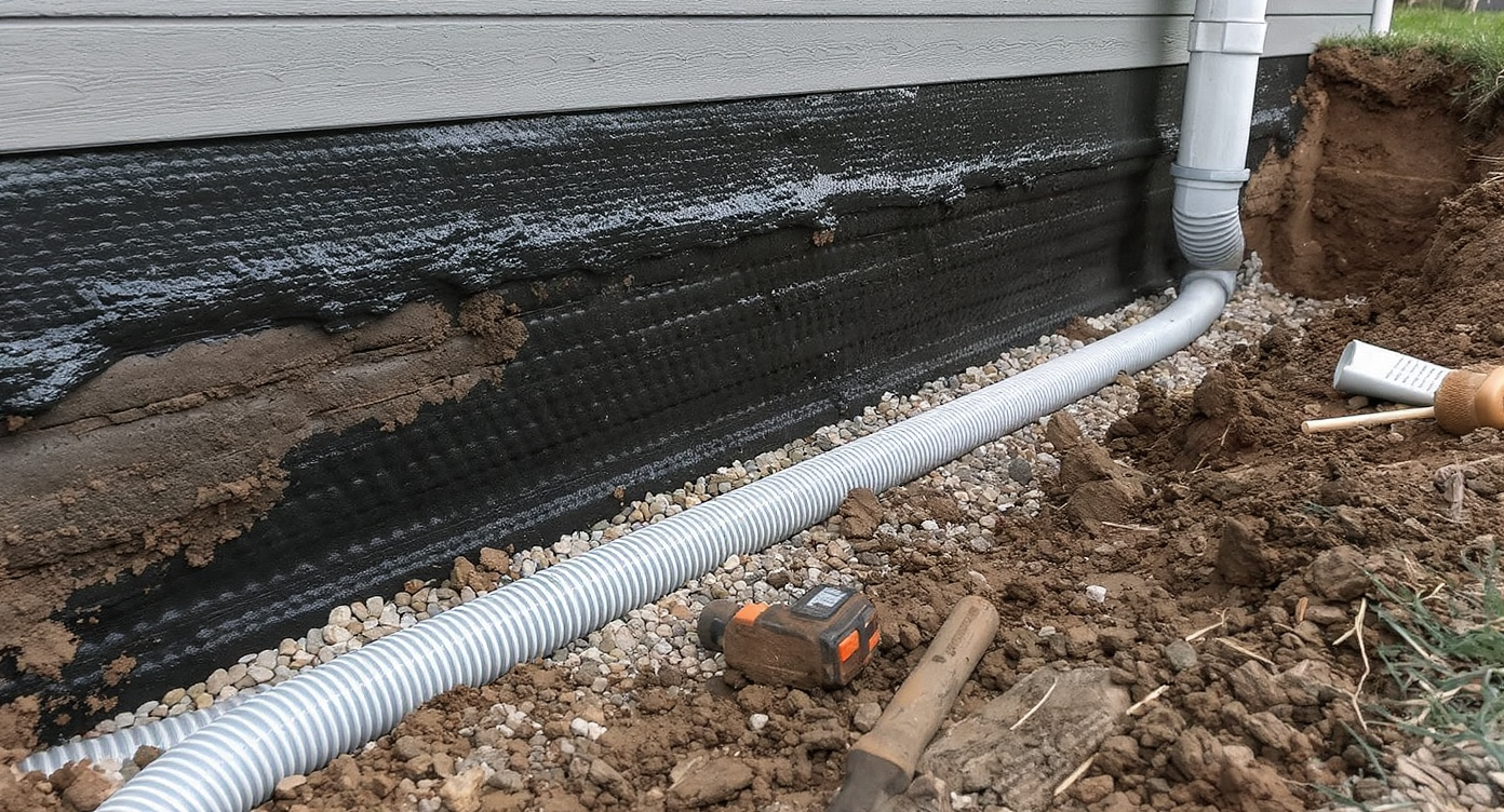 A realistic scene of a basement foundation being waterproofed outside, with dimpled membrane, French drain pipe in gravel, and proper grading.