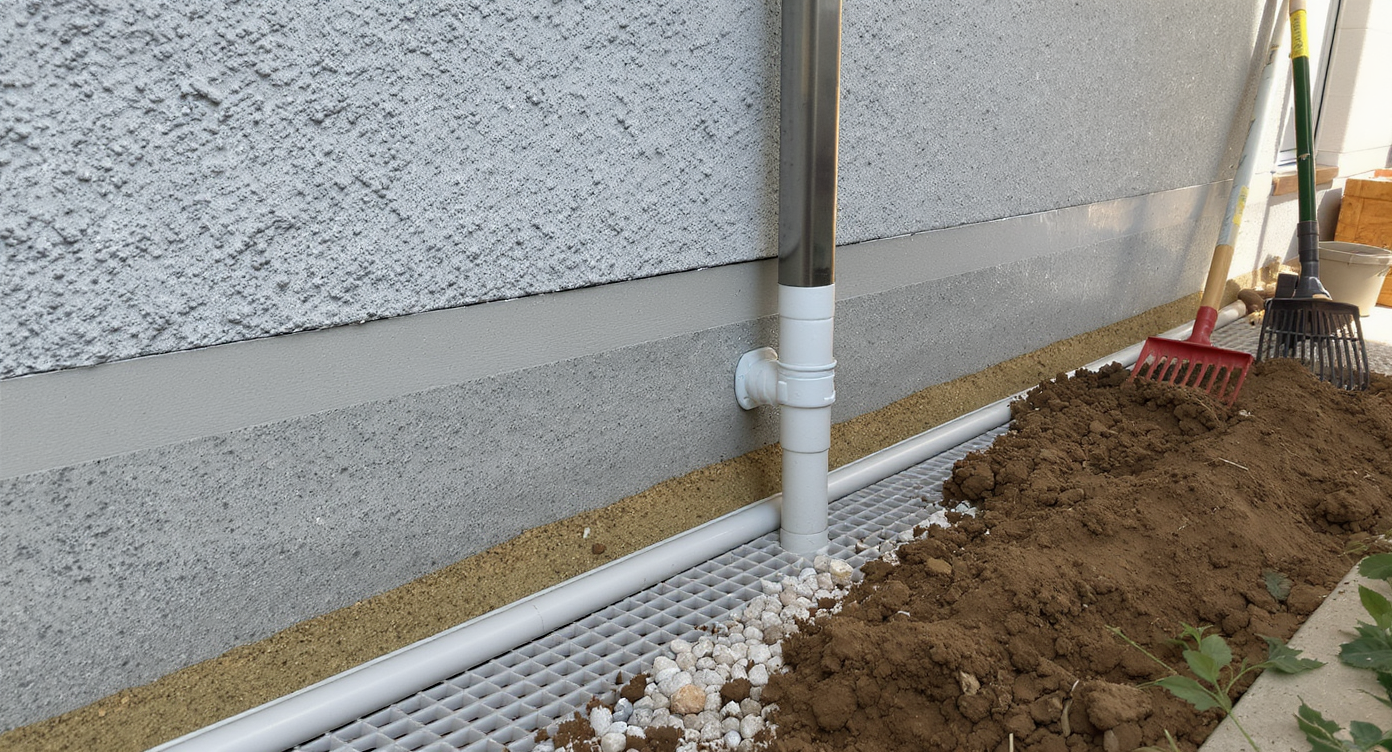 A basement wall corner with hydraulic cement around a pipe, sealant at the base, drain tile, tools for outdoor grading, and a new metal stair handrail.