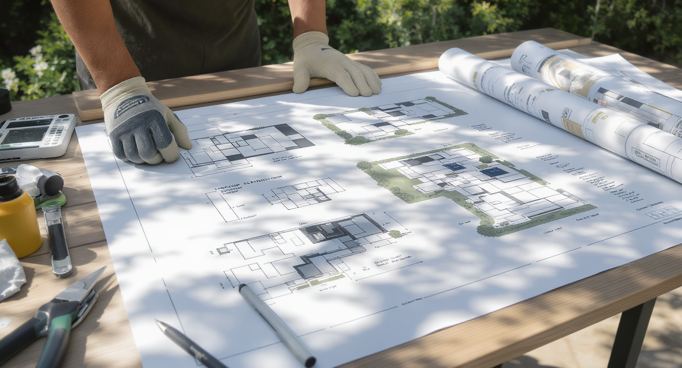 A photorealistic drafting table outdoors featuring deck and patio technical drawings, permit forms, and tools, with a real backyard in view.