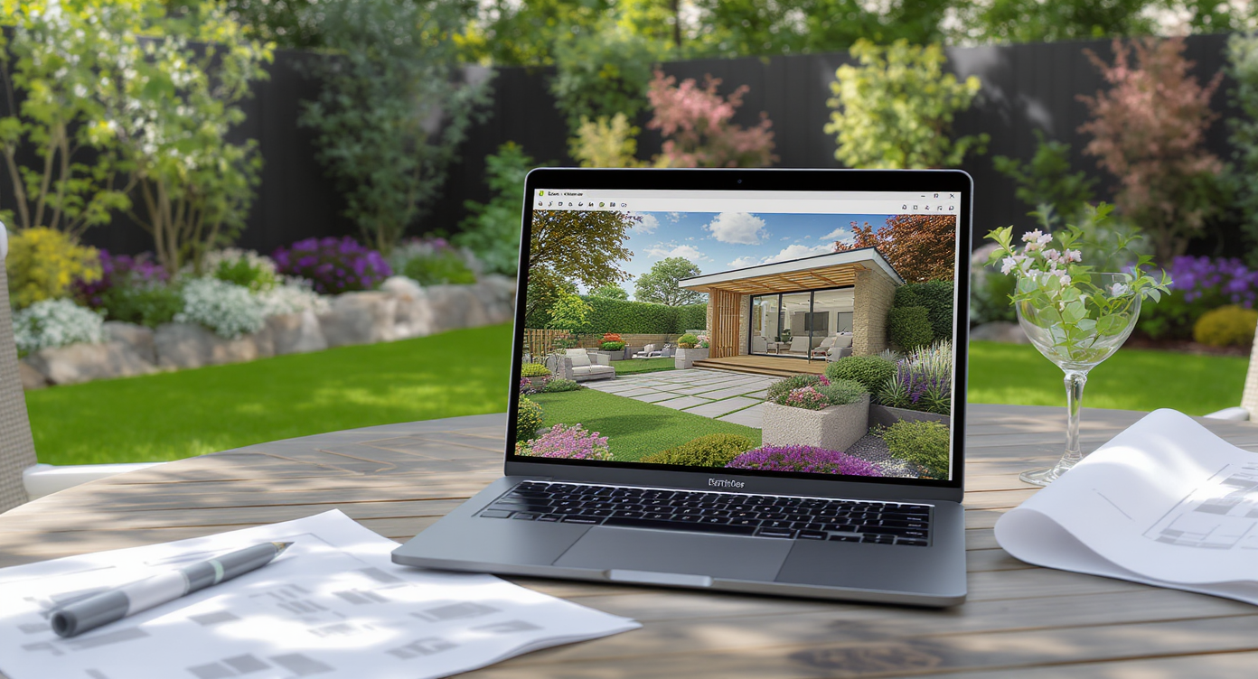 A laptop and printed landscape plan on a patio table display a digital visualization of a redesigned backyard, with the real yard in the background.