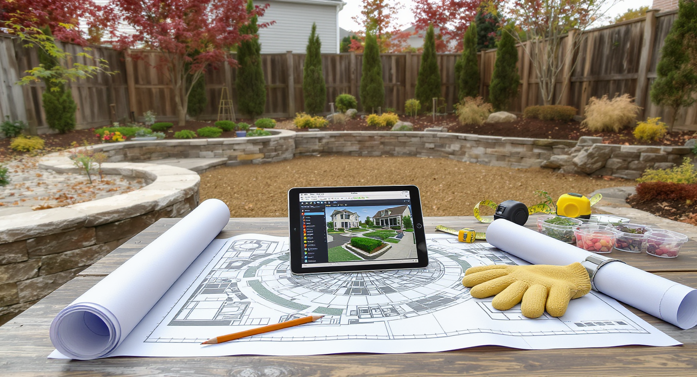 Photorealistic backyard remodel scene: landscape plans, tools, and plant samples on a table overlooking a partially landscaped yard, no people.