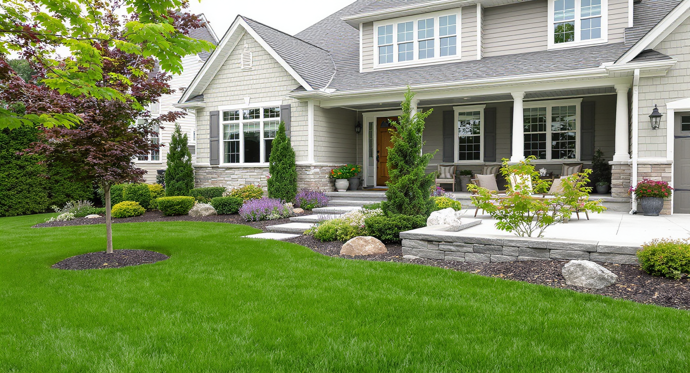 Photorealistic landscaped front yard with modern hardscaping, lush gardens, and subtle drainage by a well-kept home, showing high curb appeal.