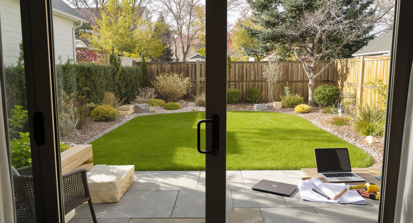 Realistic backyard remodel scene: lawn, unfinished patio with materials, landscape plans, and tools are arranged in natural daylight, no people visible.