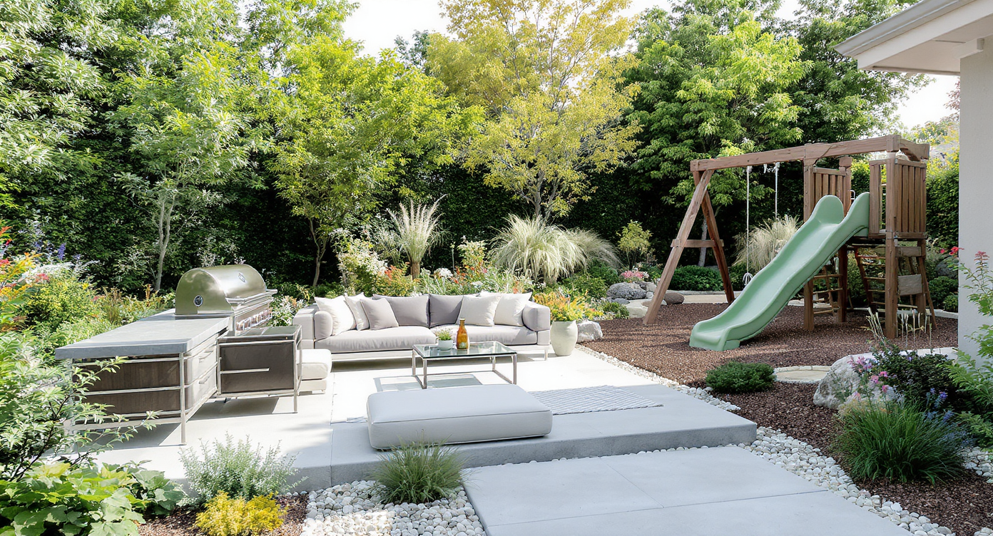 Backyard landscape with separate entertaining patio, children's play area, native-plant privacy border, and visible irrigation system under sunlight.