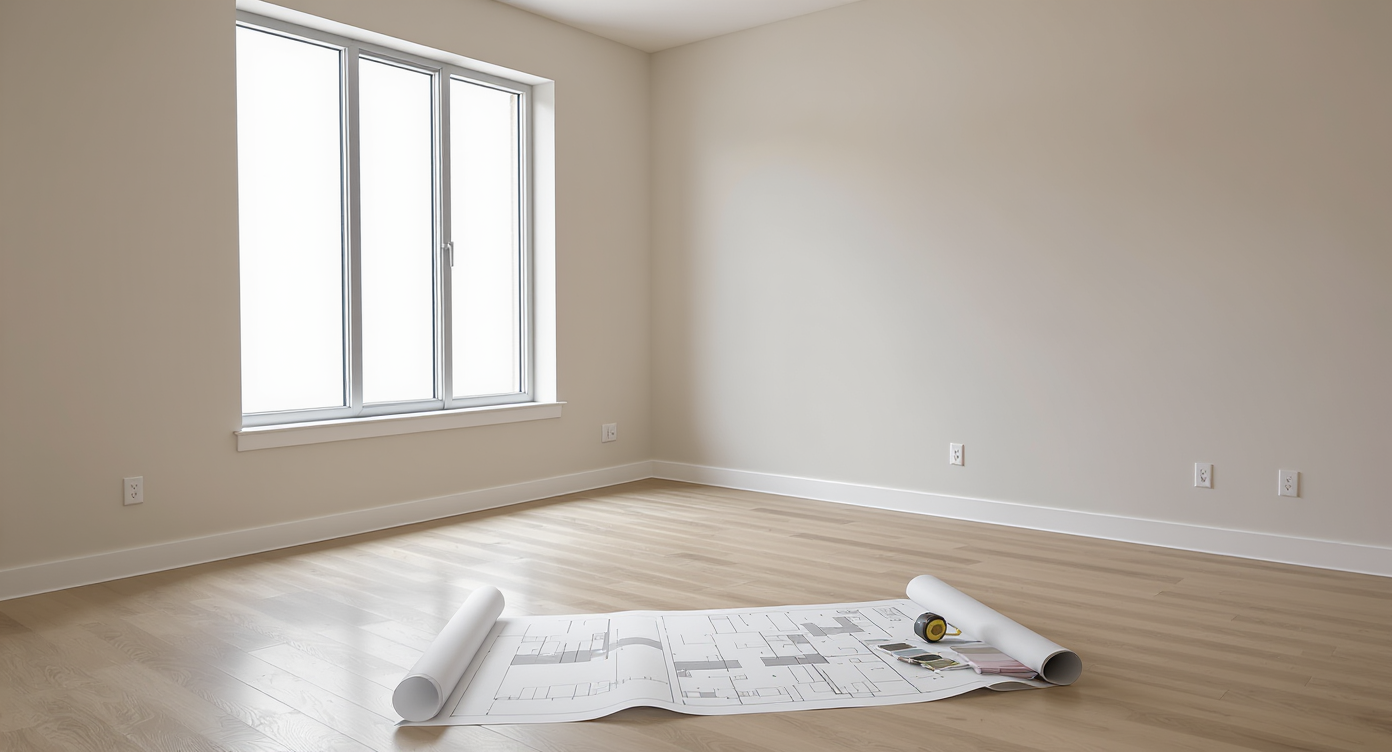 An empty, sunlit living room with hardwood floors, bare neutral walls, a floor plan, measuring tape, and color swatches laid out on the floor.