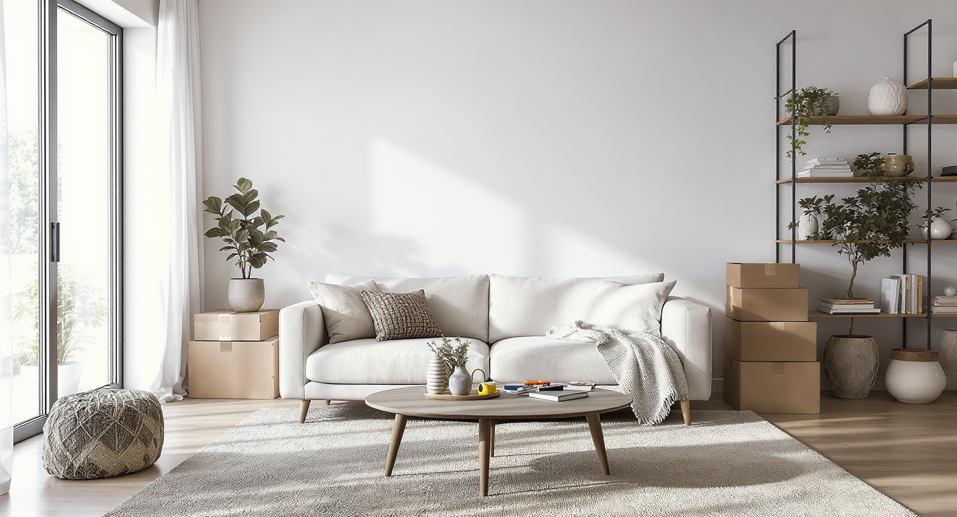 Newly designed modern living room with sofa, coffee table, design samples, unpacked boxes, and natural light—no people present.