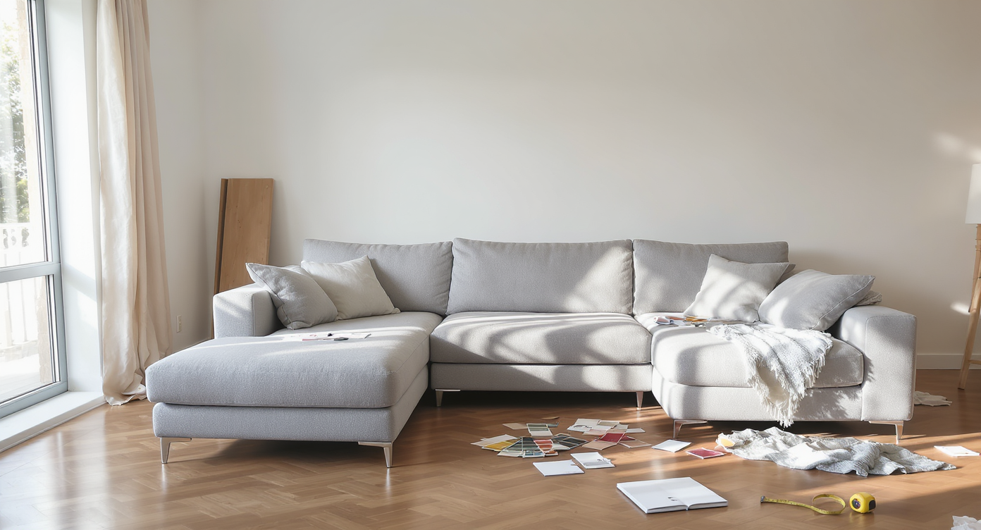 A photorealistic empty living room featuring a single large sectional sofa as the first anchor piece, with design swatches and a palette book nearby.