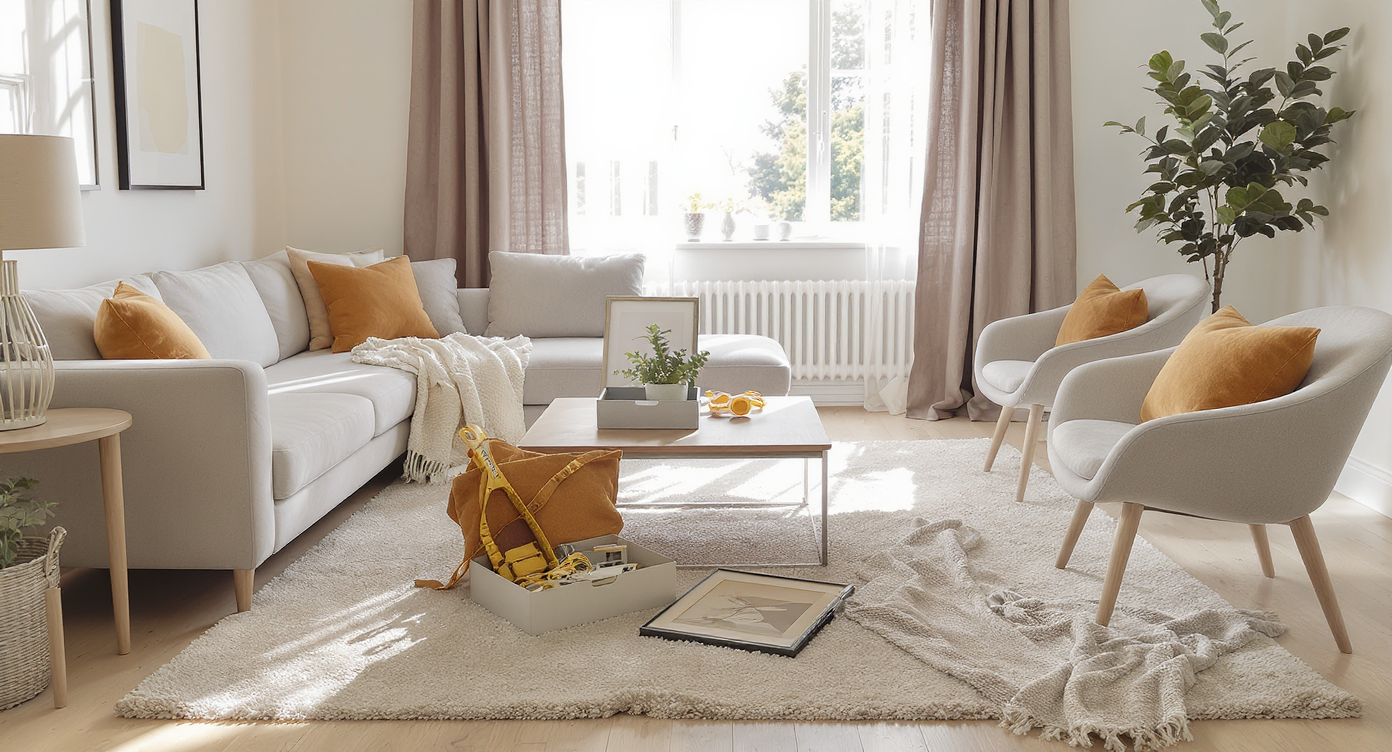 A modern living room shows furniture in flux, multiple rugs overlapping, and art leaning on walls. Tools and bold curtain choices suggest ongoing changes.