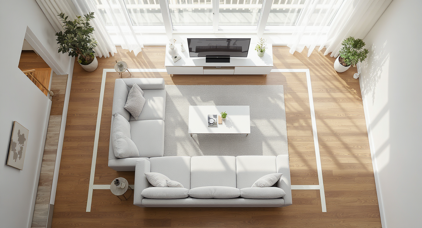 Overhead view of a modern living room with sofa, chairs, coffee table, and TV, showing optimal furniture arrangement and walking paths.
