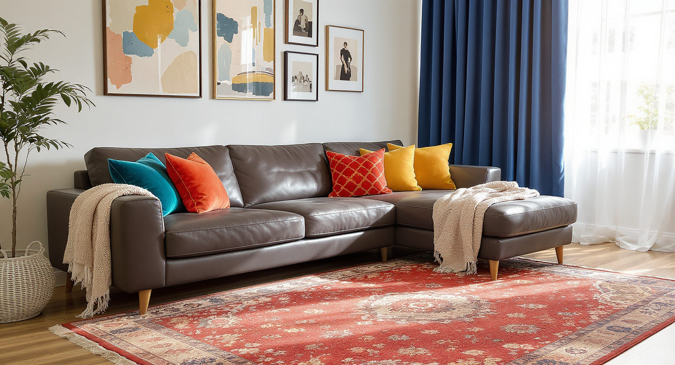A neutral-toned sofa with vibrant pillows, a patterned area rug, colorful curtains, and wall art combines to show layering of color and texture.
