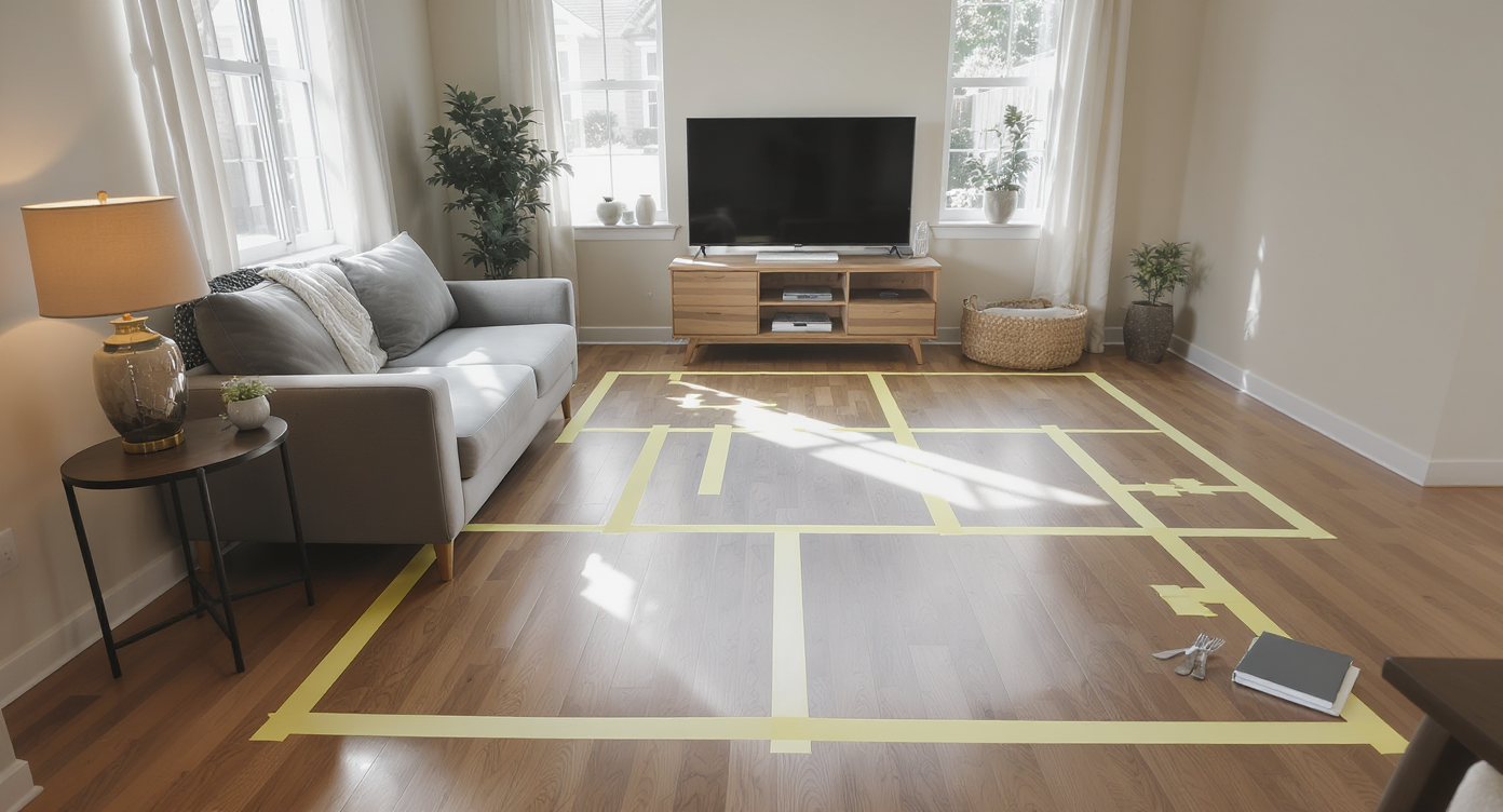 Modern empty living room with taped floor outlines marking TV area, dining nook, and work space, with grouped objects representing each function.