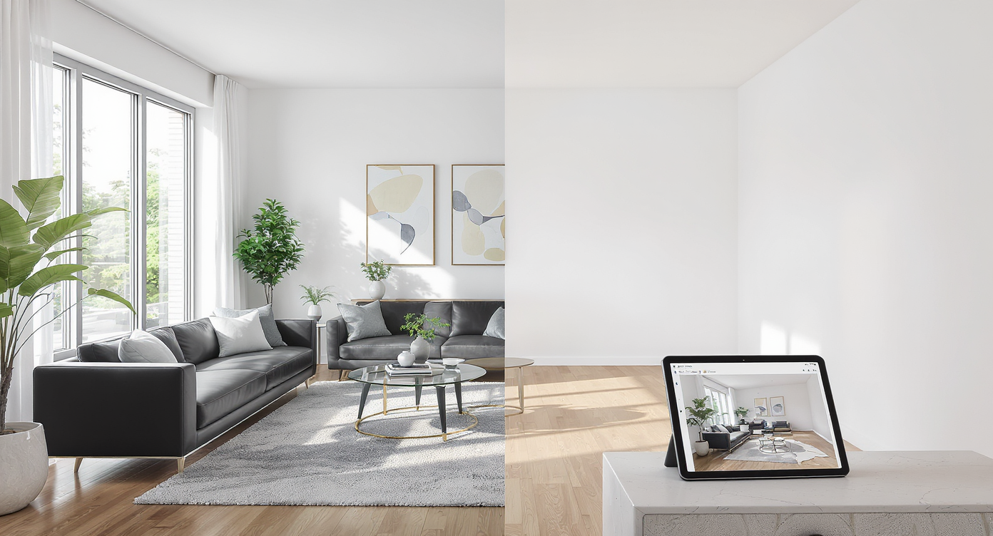 A living room split between bare and digitally staged areas, with a tablet displaying before-and-after photos from virtual staging software.