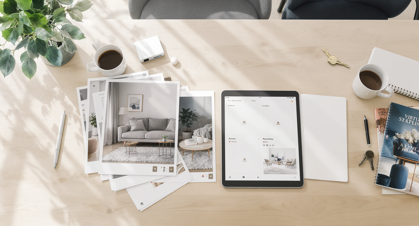 Photorealistic tabletop in a real estate office showing side-by-side staged and unstaged living room photos, a digital tablet with virtual staging before-and-after, brochures, and keys.