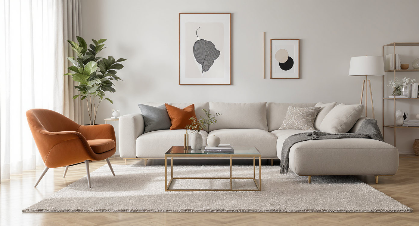 A photorealistic living room with seamlessly staged furniture, accurately sized and lit, reflecting local modern decor trends for high realism.