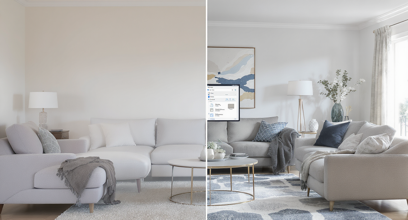 Side-by-side comparison of the same living room staged virtually: one side with generic default furniture, the other with tailored custom furnishings using AI software.