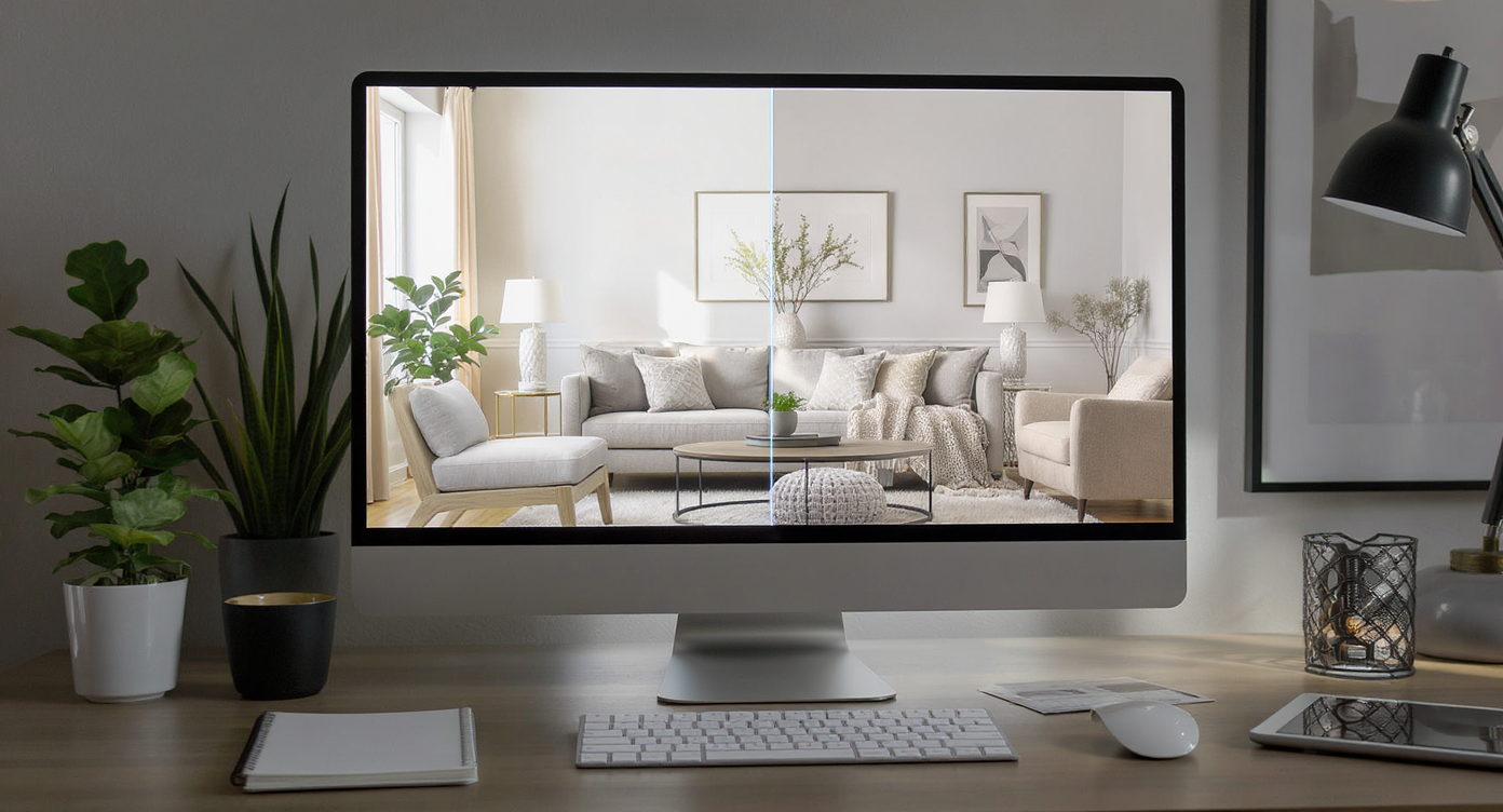 A computer monitor on a desk displays a modern living room virtually staged side-by-side with free versus paid software, highlighting differences in rendering quality.