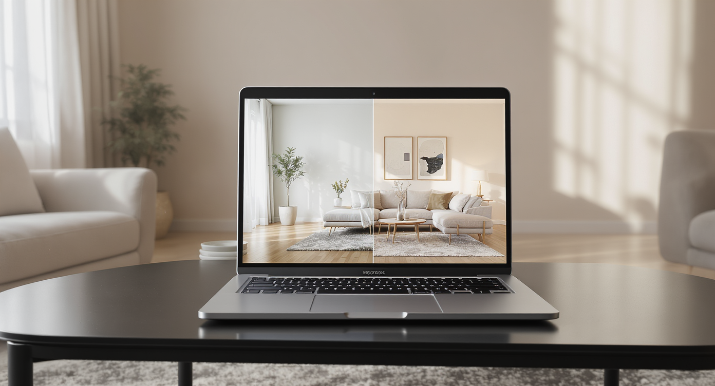 A modern laptop sits on a coffee table in an empty room, displaying a split-screen of the same space both unfurnished and digitally staged with virtual decor.