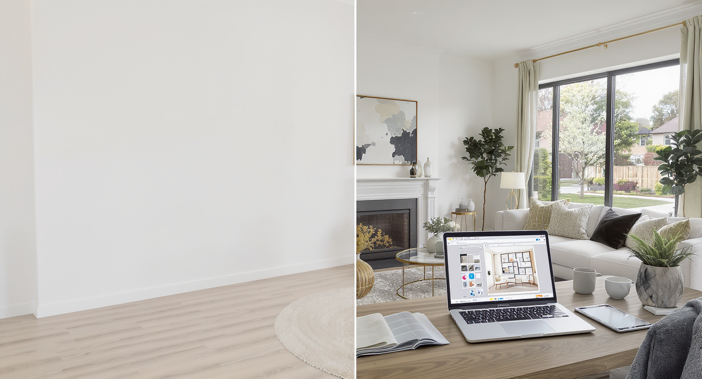 Split-view modern living room; left side bare, right side virtually staged with stylish decor; laptop on desk shows staging software interface.