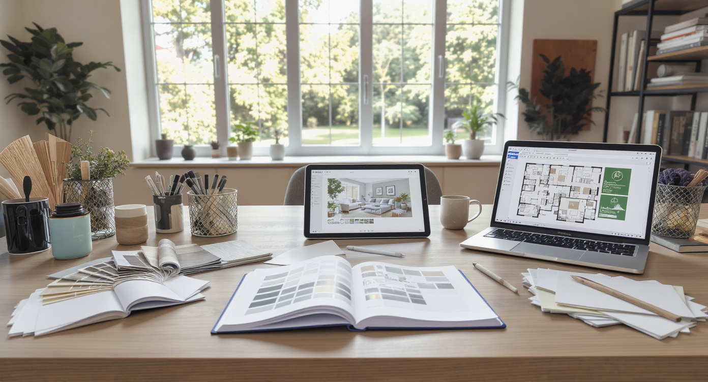 A modern home workspace with a desk displaying design sketches, material samples, a digital tablet, and floor plans for interior design practice.