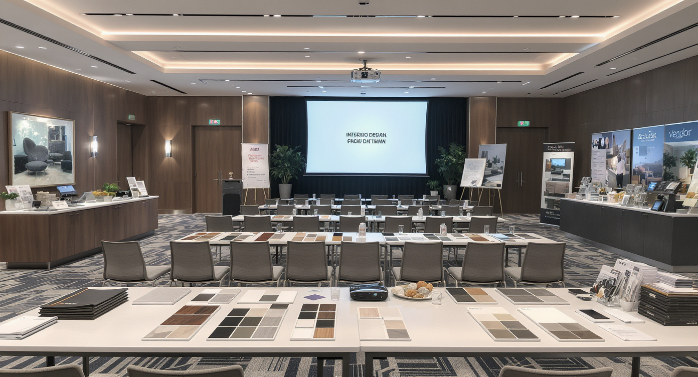 Professional networking space at an interior design seminar, featuring sample boards, brochures, and vendor booths, with no people present.