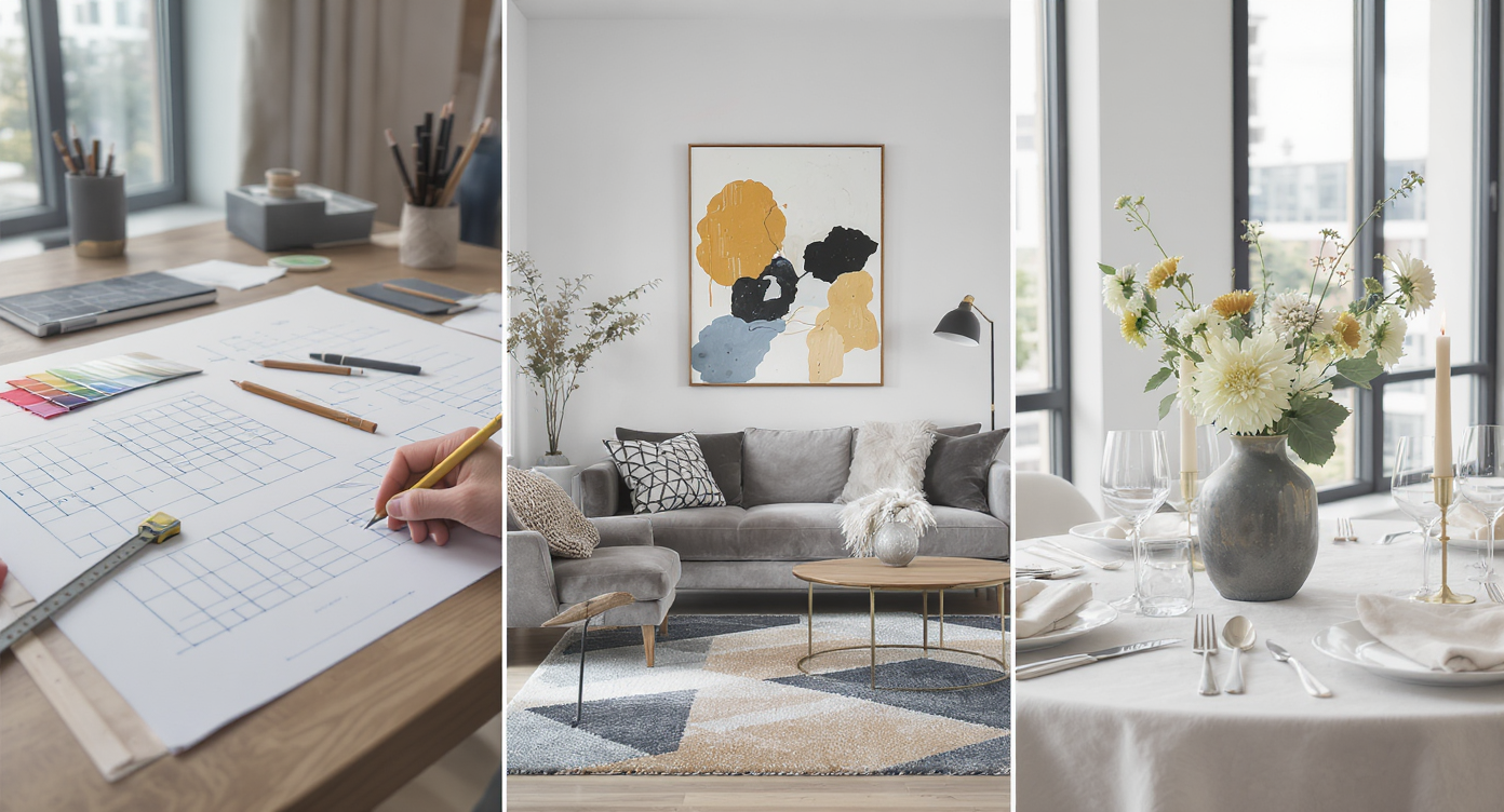 Three distinct, realistic room vignettes in one apartment: design drafting table, styled living area, and photo-ready dining setup—no people present.