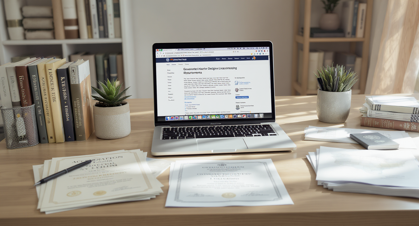 Home office desk with a laptop showing licensing info, accreditation certificates, course documents, and local organization brochures arranged neatly.