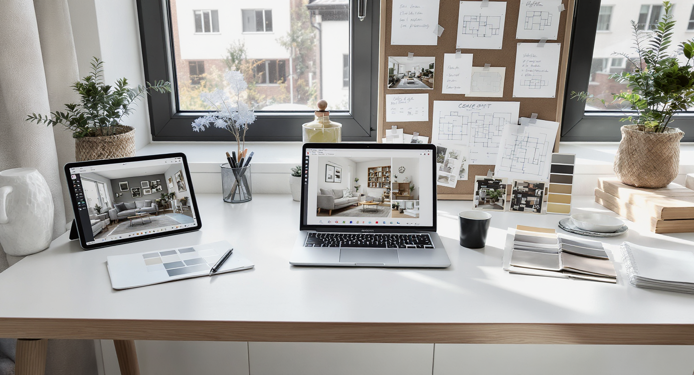A realistic home workspace features digital mock-ups on a tablet and laptop, before-and-after DIY project photos, and material samples neatly arranged.