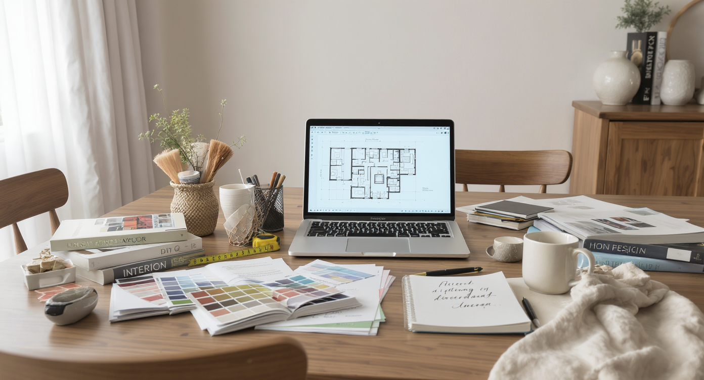 A dining table workspace with design books, fabric swatches, color samples, and an open laptop, representing a beginner's entry into interior design.
