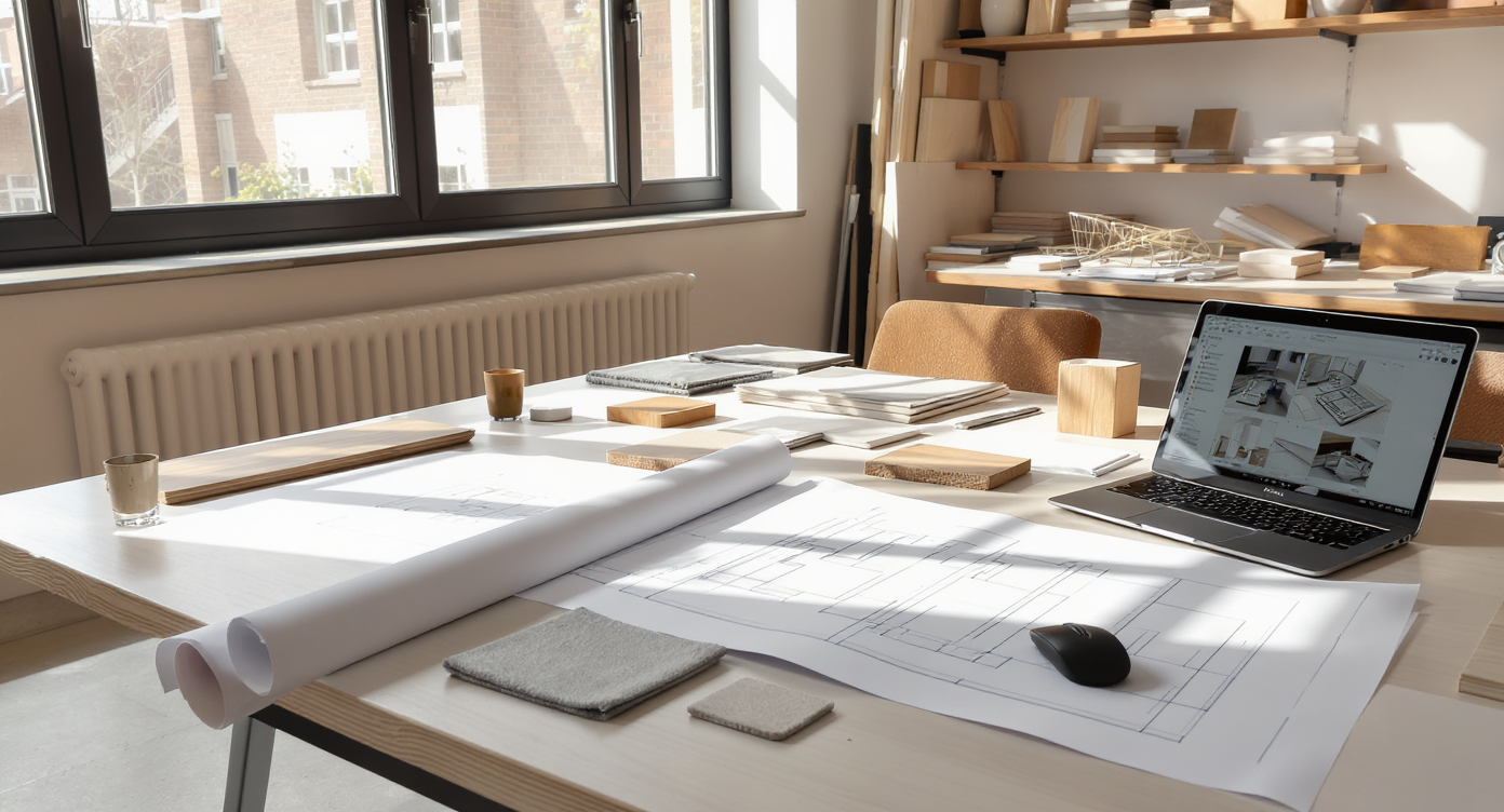 A realistic interior design studio setup with drafting tables, material samples, lighting models, scale mockups, and digital tools but no people present.