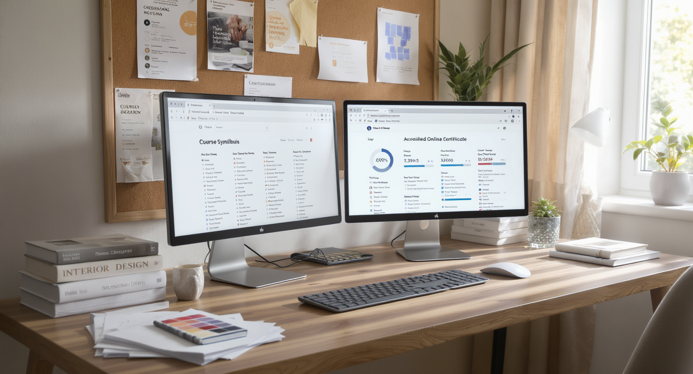 A modern study desk with computers displaying online certificate and degree options, design books, swatches, and course printouts in natural light.