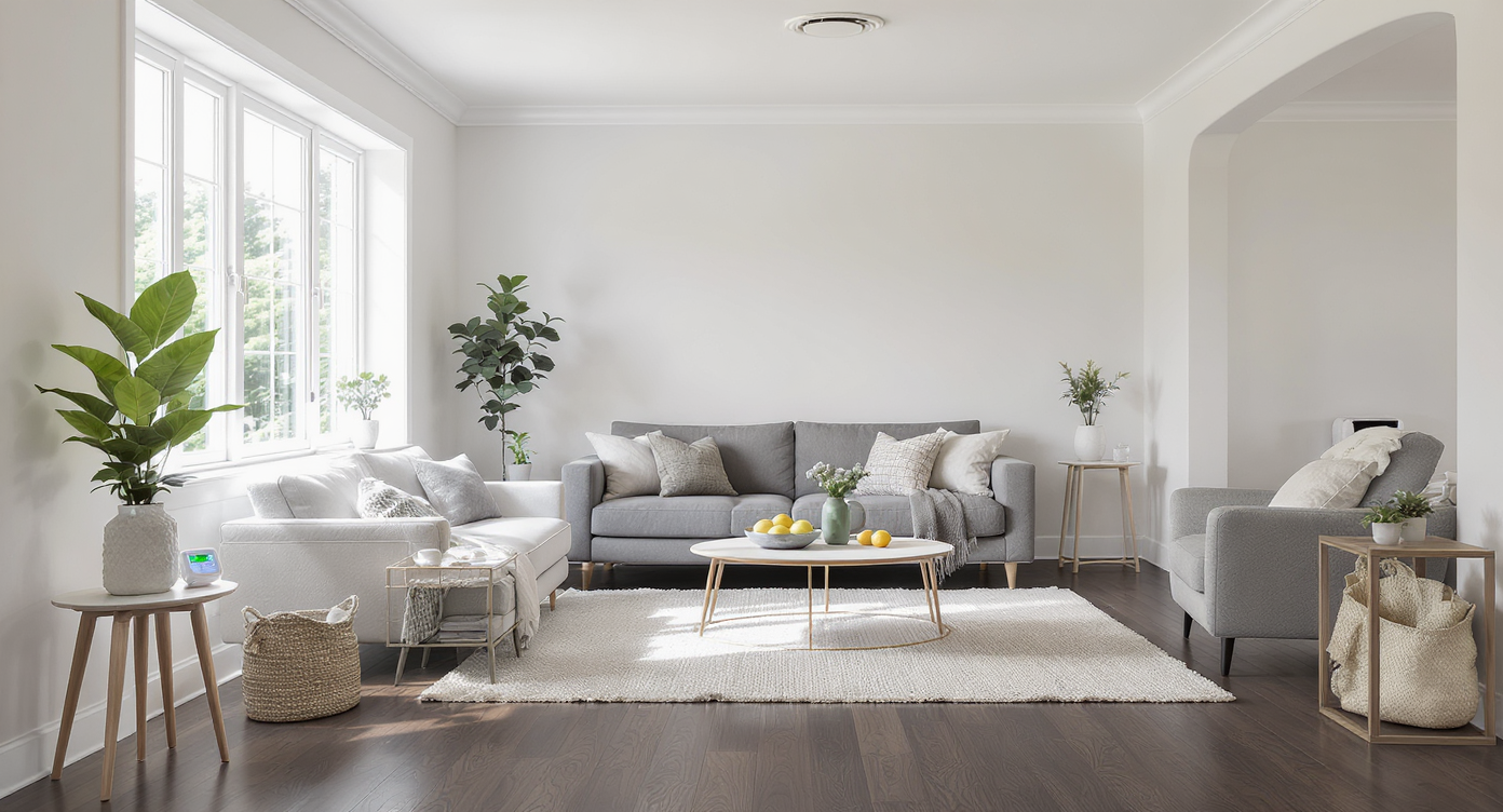 Modern renovated living room with new flooring, air purifier, open window, and air quality monitor, emphasizing odor remediation efforts.