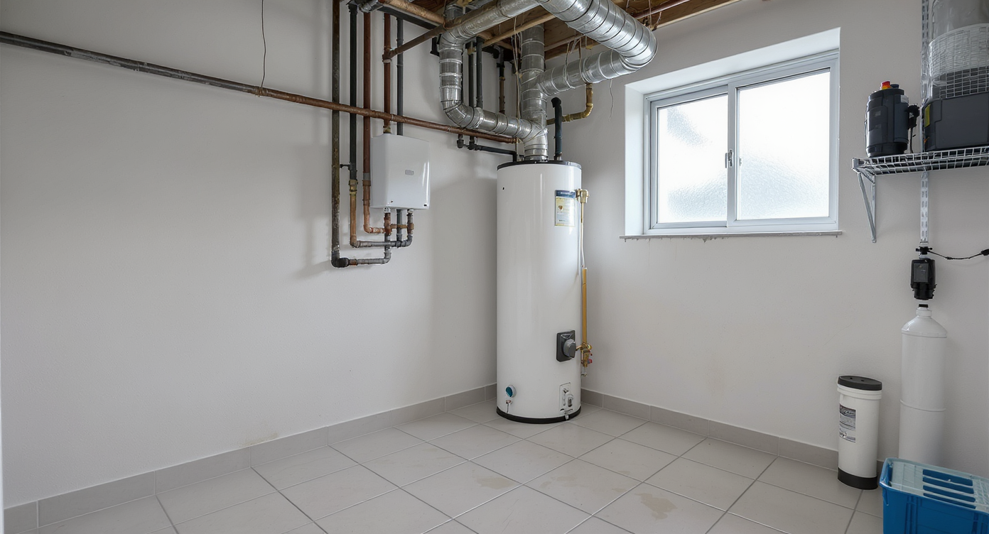 Modern utility room with new water heater, blended old and new pipes, and subtle signs of hidden odor sources, no people present.