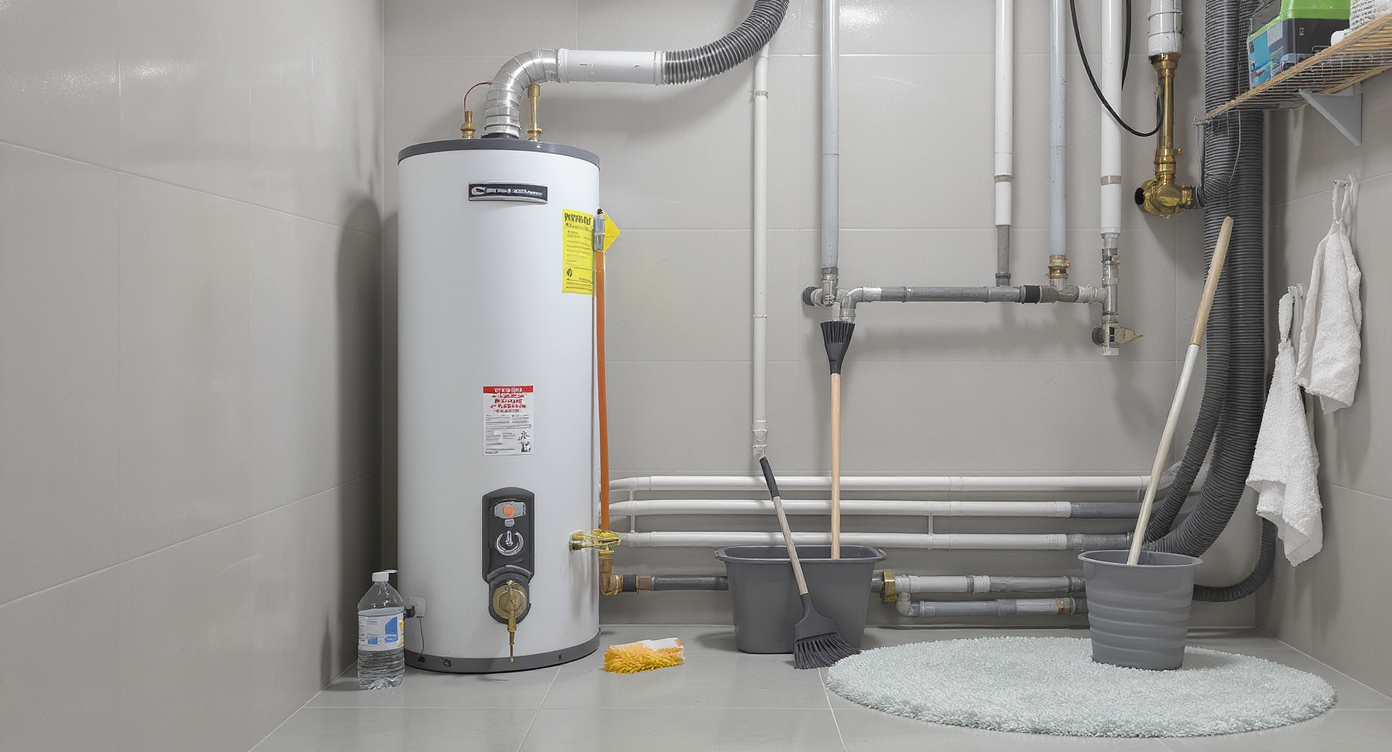 Water heater with exposed anode rod, cleaning tools, drain cleaner, and tablet previewing plumbing updates in a bright, ventilated utility room.