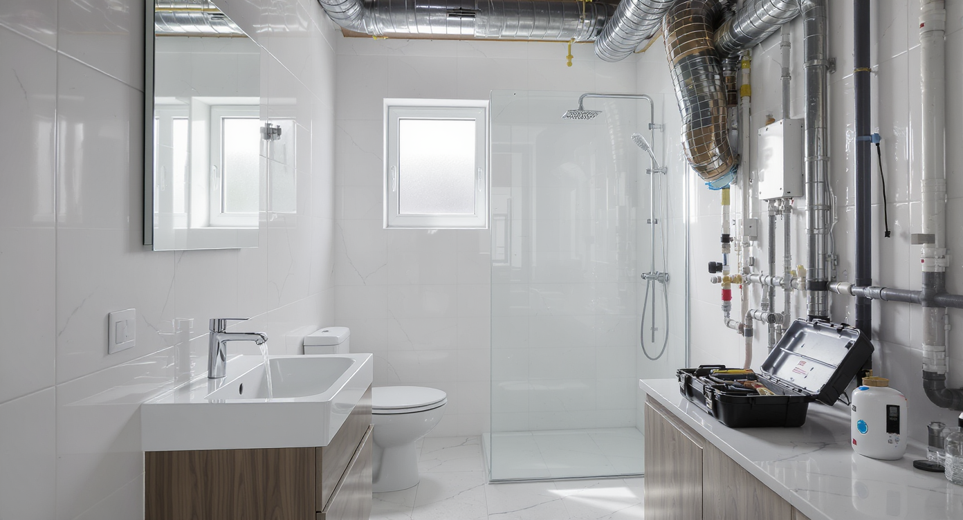 Renovated bathroom and utility space with exposed pipes, running water, digital odor detector, and toolkit, ready for comfort system checks.