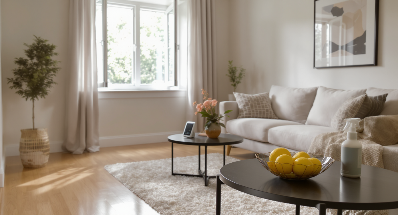Photorealistic, newly renovated living room with modern finishes, air quality monitor on table, and subtle signs of lingering odor attempts, no people.