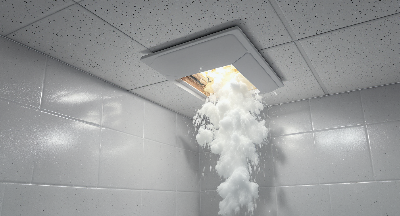 Closely detailed view of a renovated home’s utility area showing attic insulation, aging pipe seals, unused drain, and air return grille to illustrate missed odor sources.