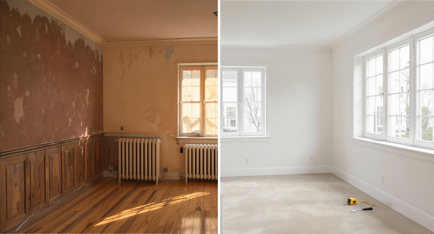 Photorealistic scene splitting an older renovated home and a modern new interior, with maintenance tools and checklist highlighting home's inspection points.