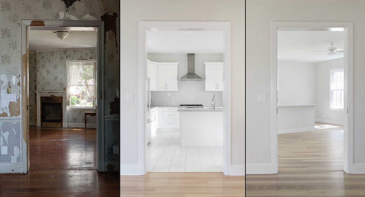 Three adjacent empty home interiors seen through open doorways: one vintage with wear, one freshly renovated, and one pristine new build.