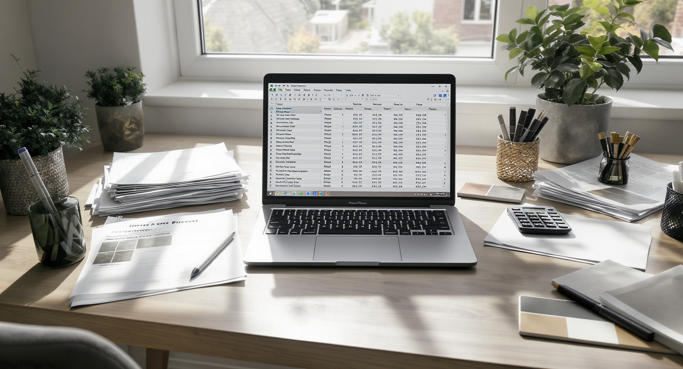 Realistic home office desk with laptop showing spreadsheets, inspection reports, comp sheets, calculator, and home upgrade samples in daylight.