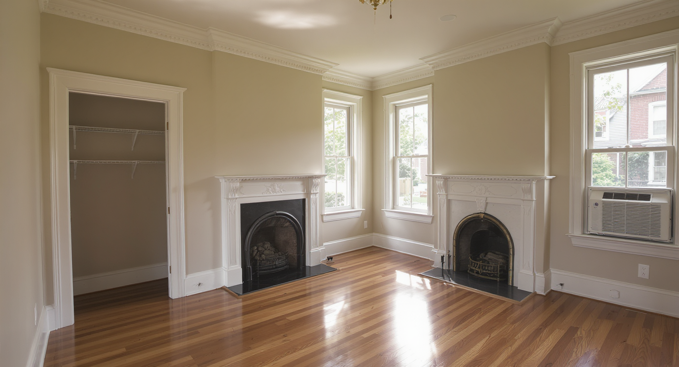Renovated living room blending preserved vintage trim and fireplace with new hardwood floors, discreet modern electrical panel, and recessed lighting.
