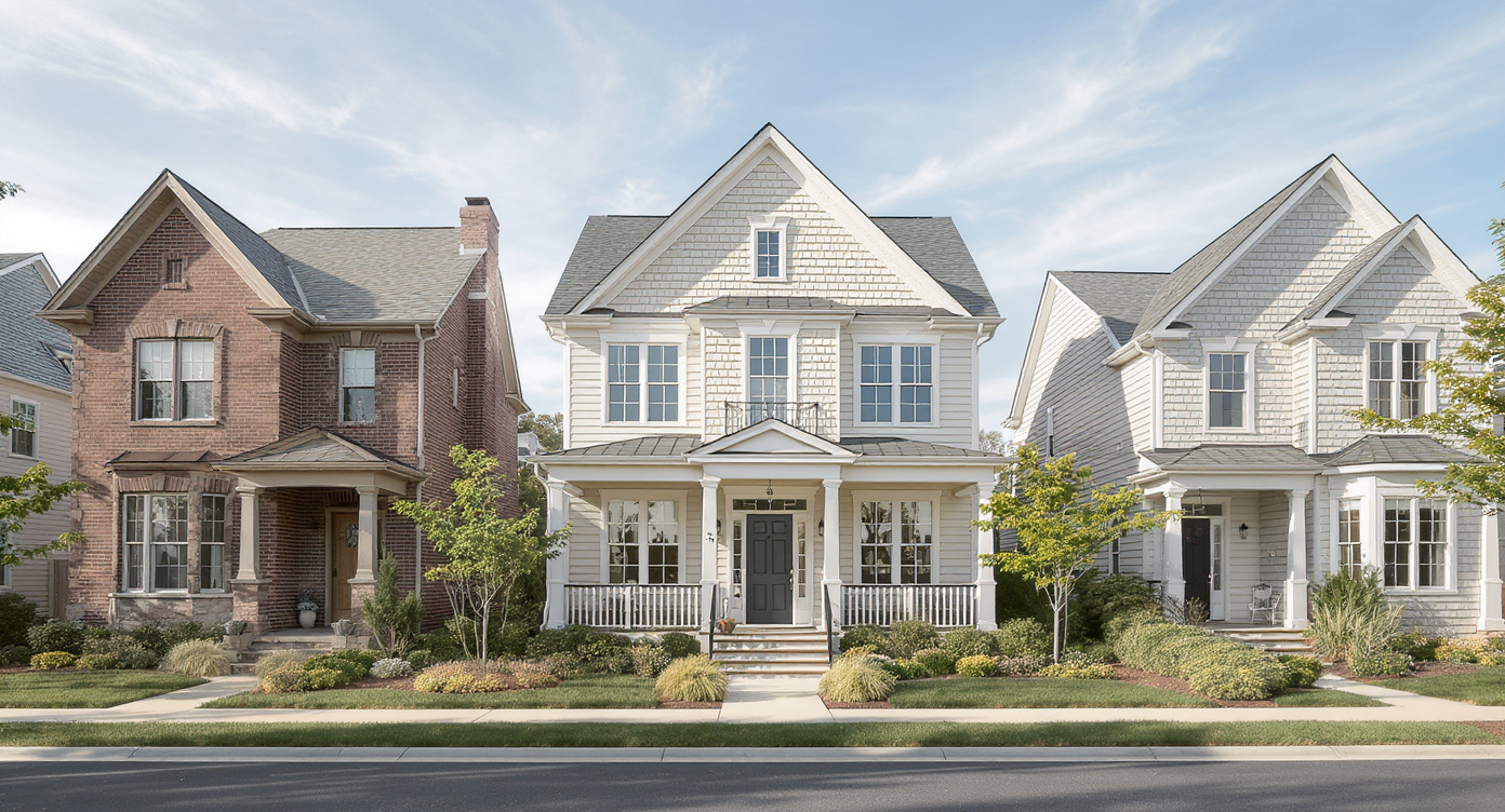 Three neighboring suburban homes: one old and weathered, one freshly renovated, and one modern new build, captured under natural sunlight.