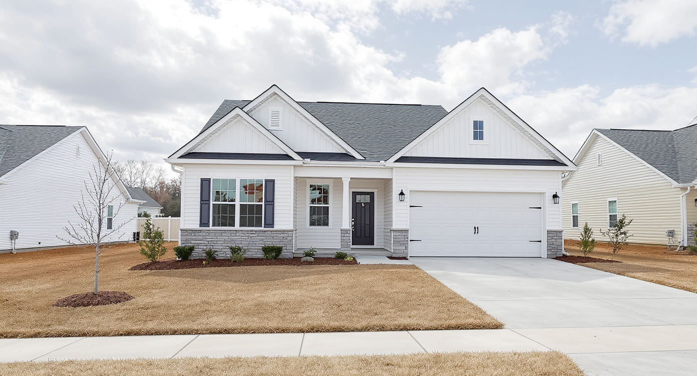 Pristine new suburban home on a small lot, modern finishes, inspection clipboard, warranty packet, and color samples on walkway, no people visible.