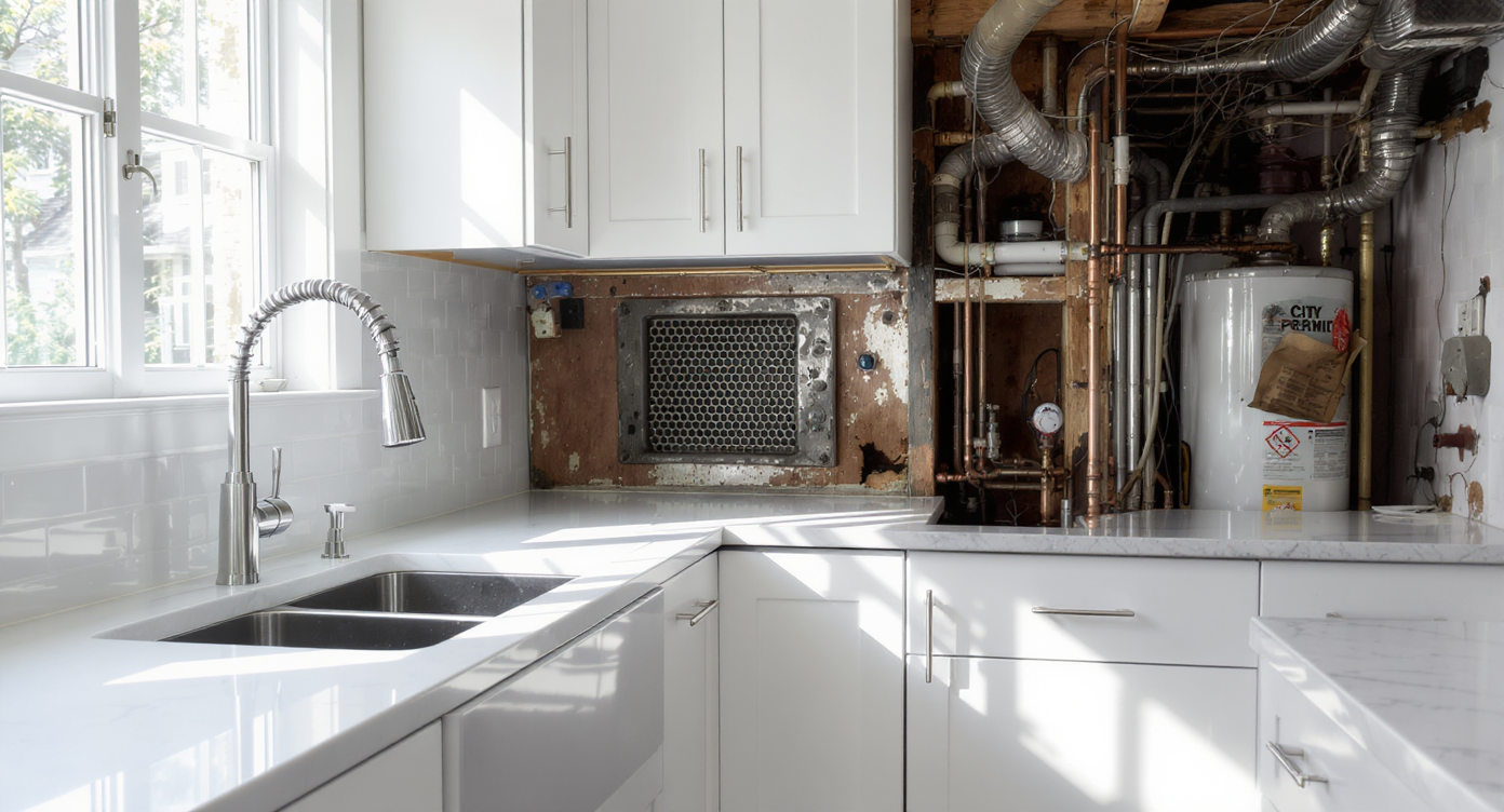 Renovated kitchen with new fixtures contrasts unfinished vent, exposed pipes, and visible permit paperwork, illustrating flip scrutiny.