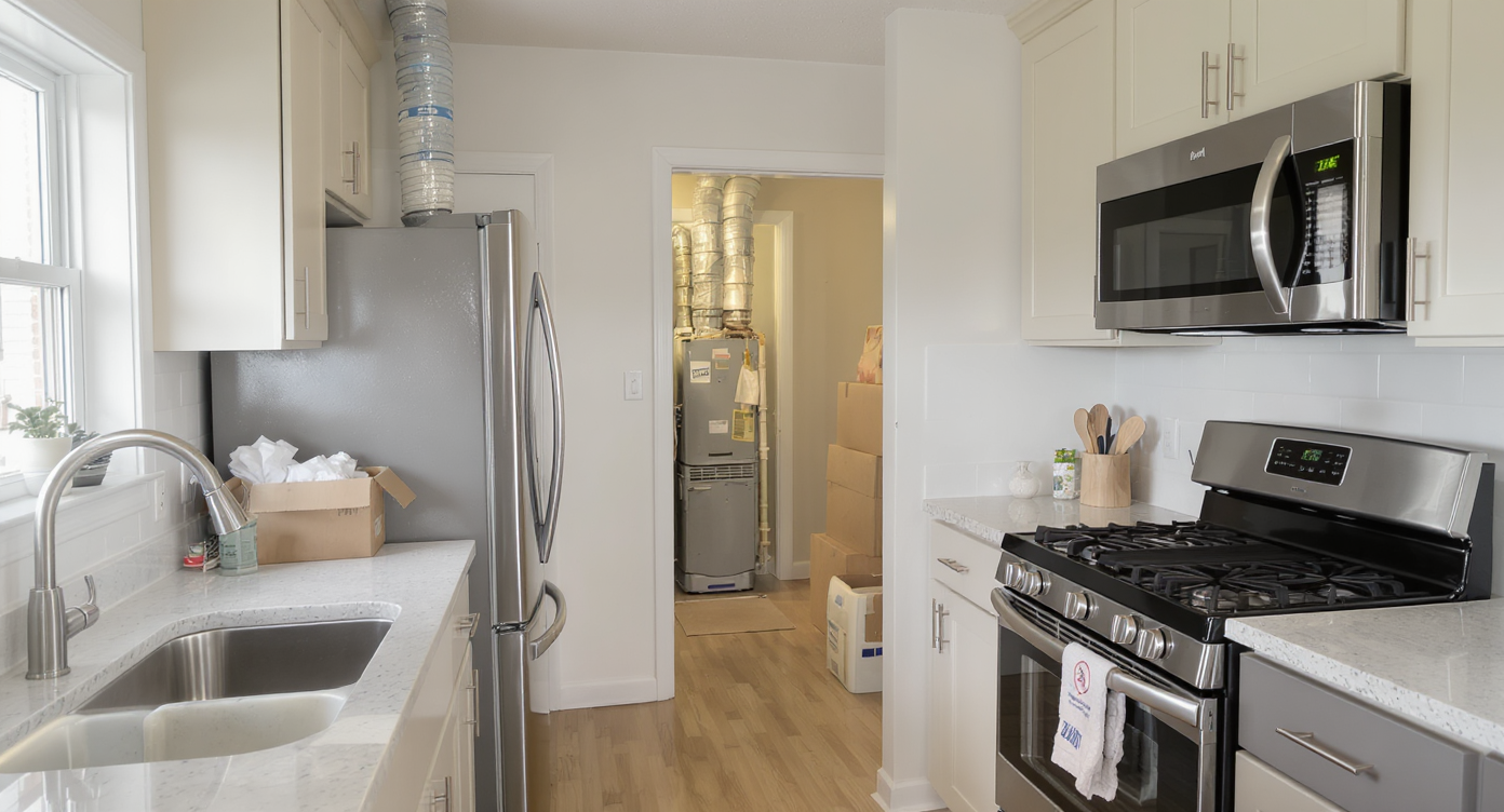A realistic, well-lit kitchen with new appliances, packed moving boxes, and signs of recent upgrades, ready for a quick cash sale, no people visible.